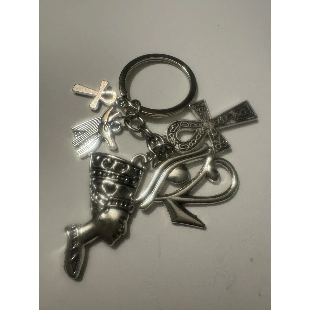 Egyptian Symbols Keychain Set Eye of Horus Ankh Nefertiti Charms Key Ring